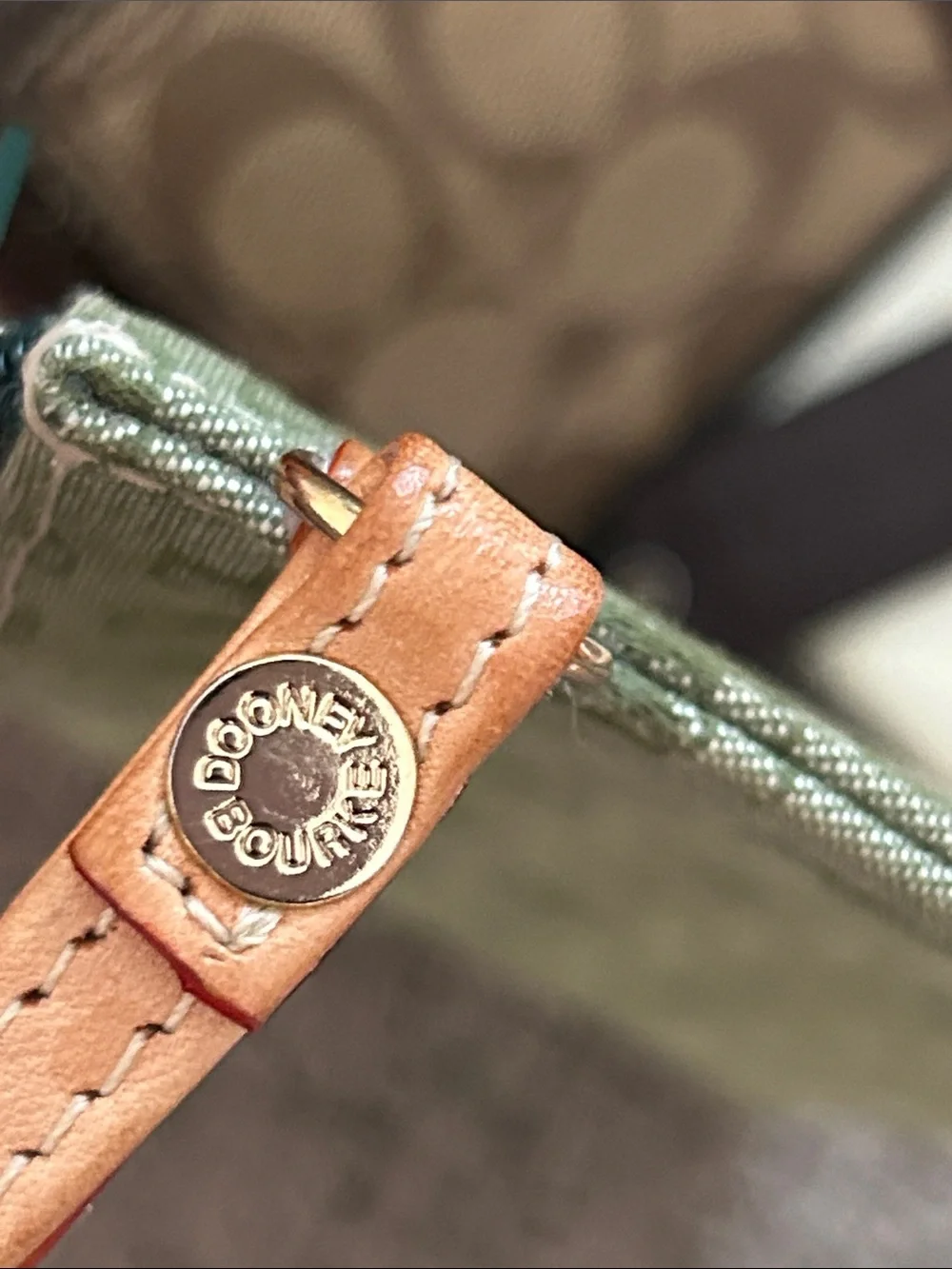 Dooney & Bourke Olive Green Monogram Wristlet with Tan Strap